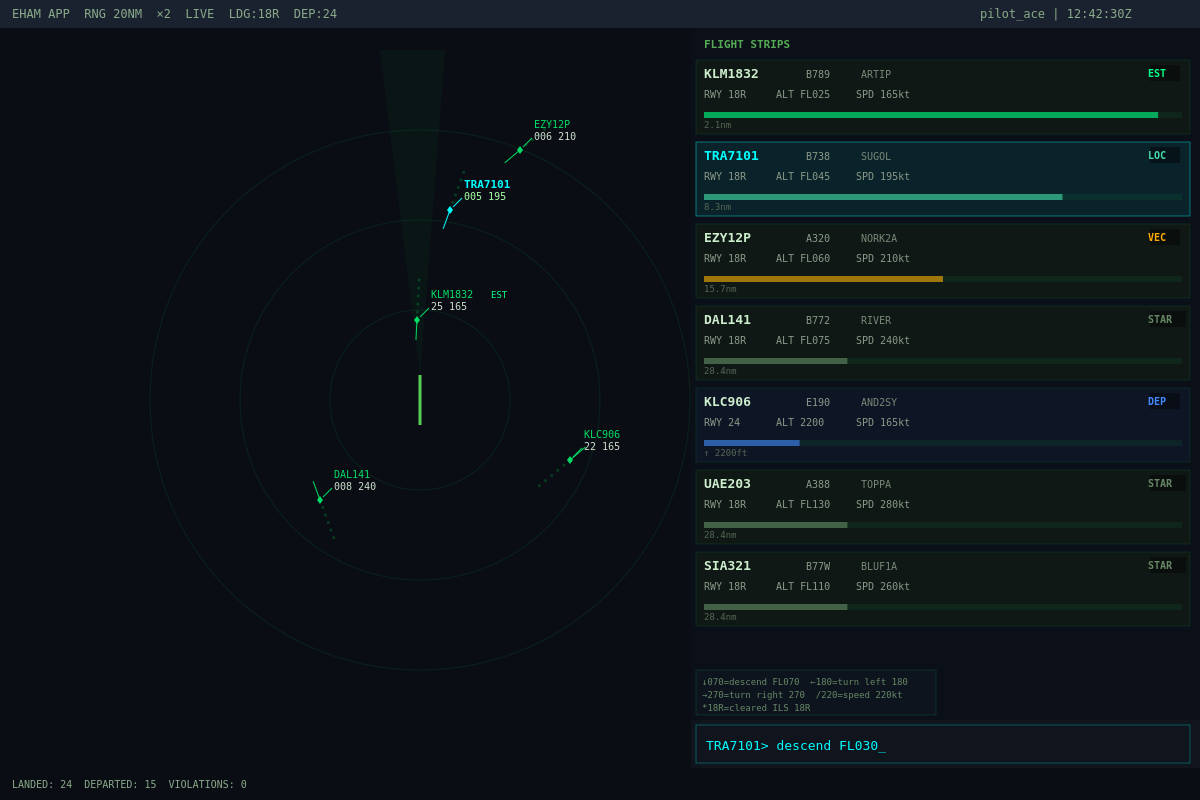 Split-screen view with radar display and flight strip board showing command input